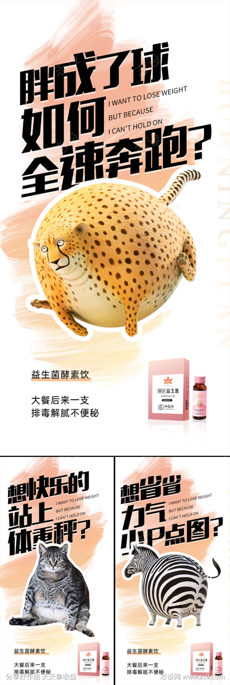 益生菌酵素肥胖瘦身猎豹蠢萌圈图海报