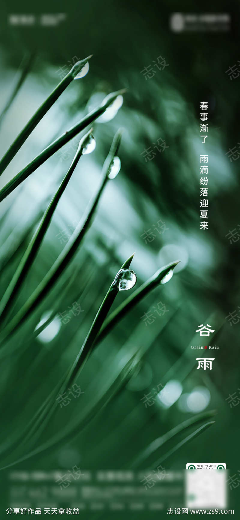 谷雨节气海报 绿色 水滴 风景  氛围 