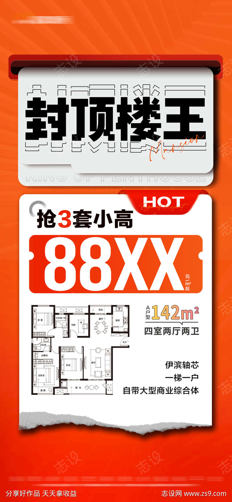 地产户型橙色撕纸大字报