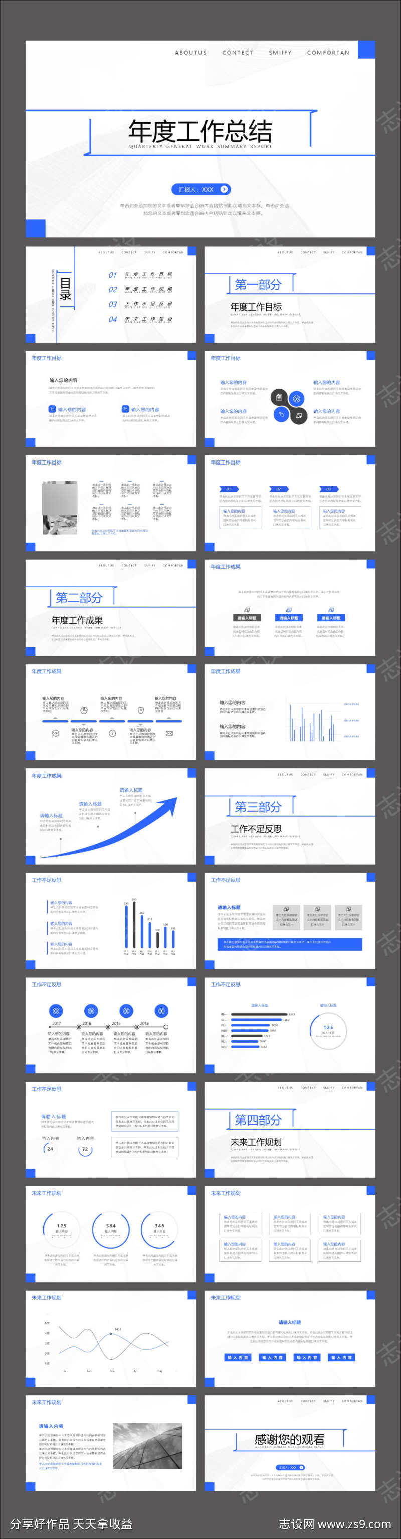 蓝色商务简约风年终工作总结PPT