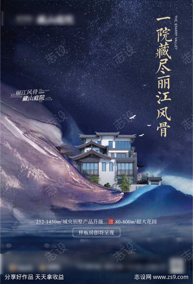 地产蓝色质感别墅星空A3海报